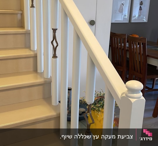 מעקה מדרגות צבוע בלבן עם עיטורים חומים